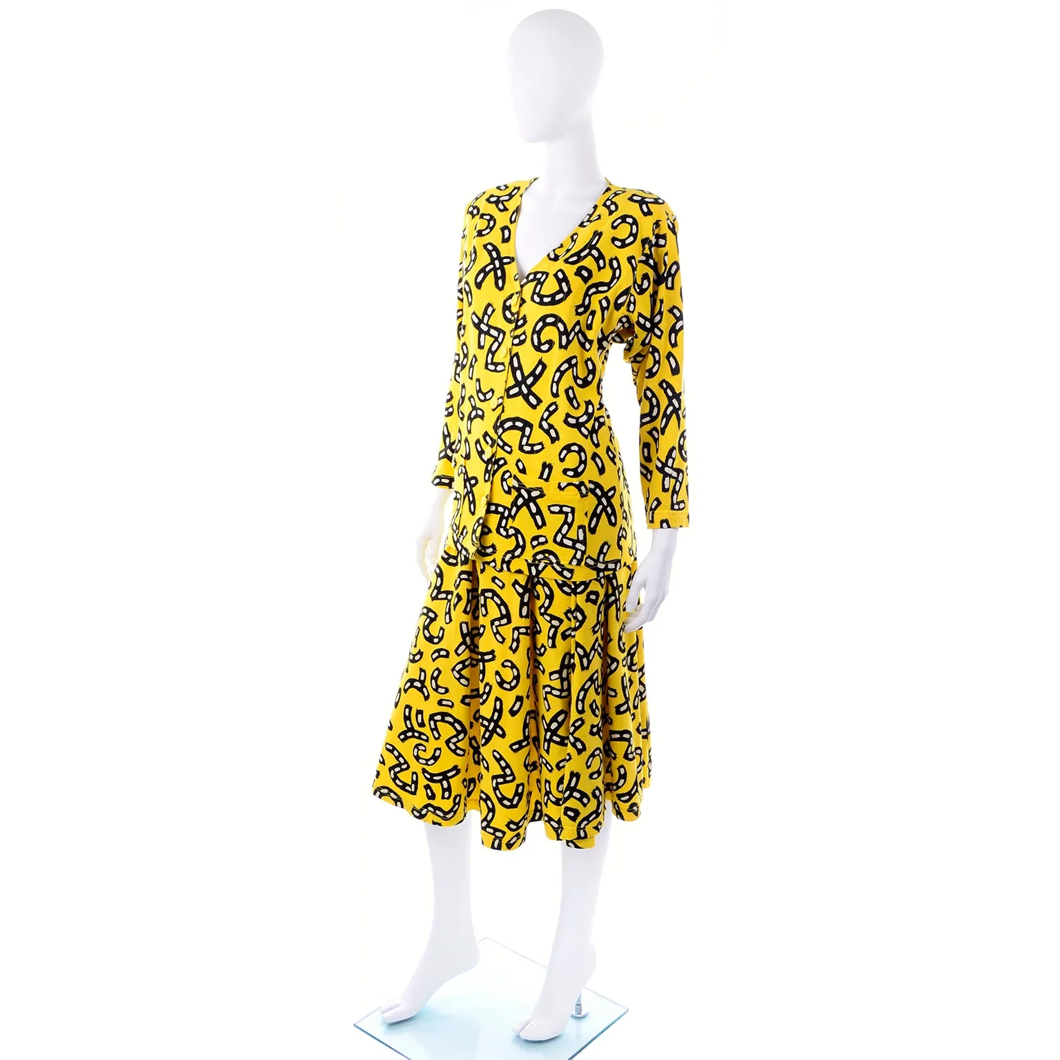 1980s Bright Yellow Skirt & Top Dress w/ Black & White Graphic Road Print