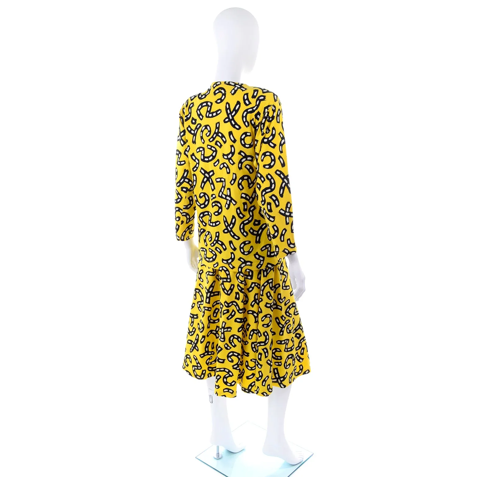 1980s Bright Yellow Skirt & Top Dress w/ Black & White Graphic Road Print