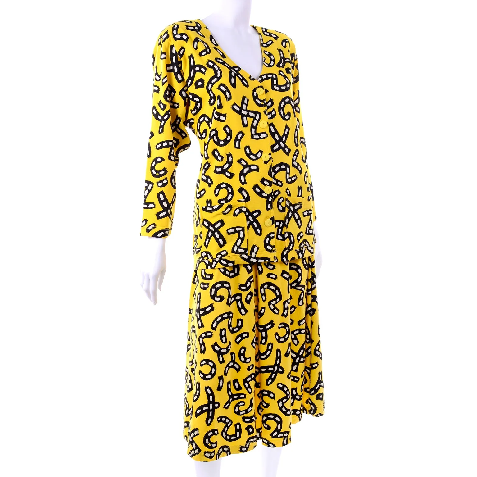 1980s Bright Yellow Skirt & Top Dress w/ Black & White Graphic Road Print