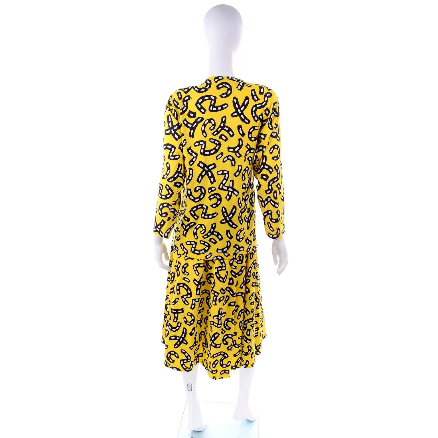 1980s Bright Yellow Skirt & Top Dress w/ Black & White Graphic Road Print