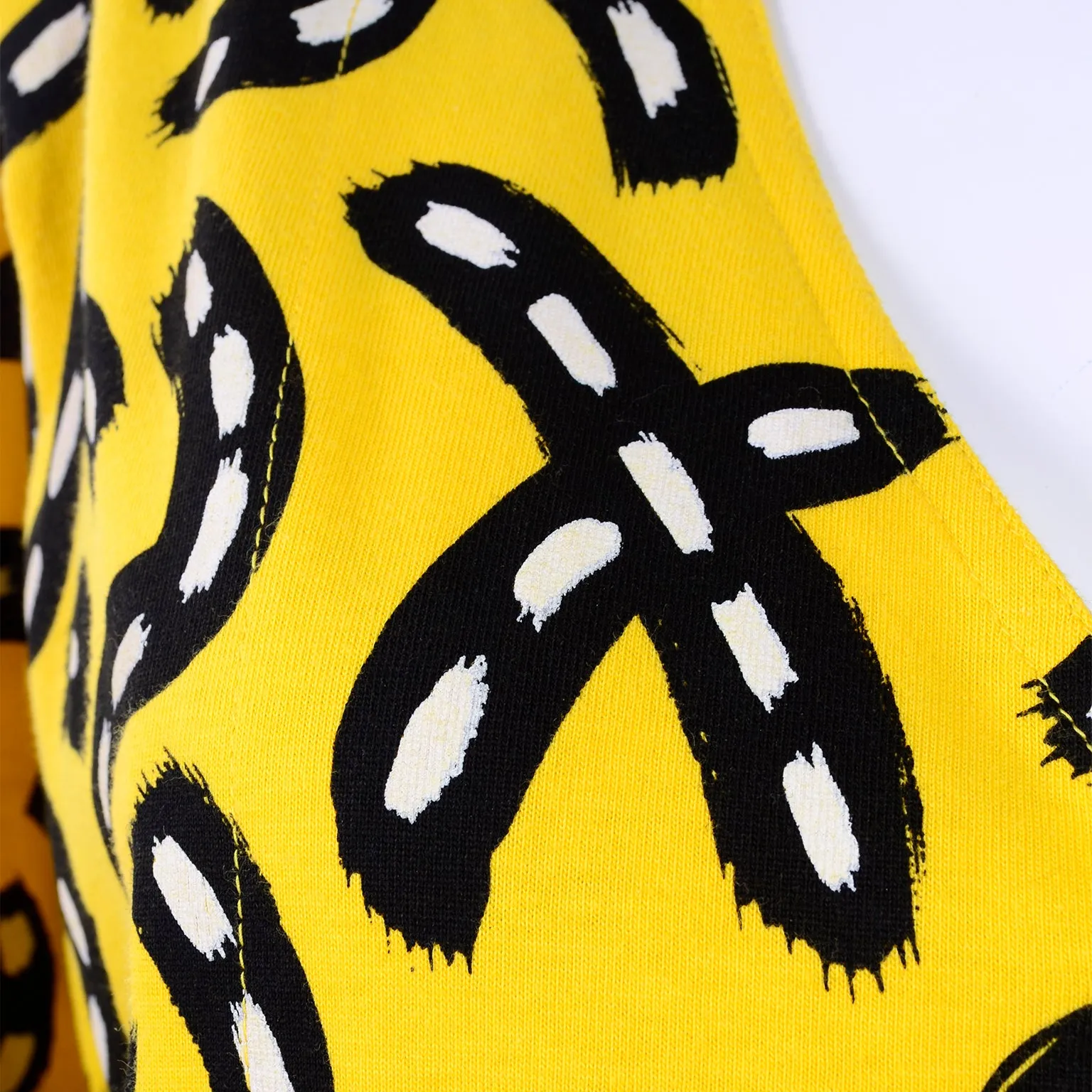 1980s Bright Yellow Skirt & Top Dress w/ Black & White Graphic Road Print