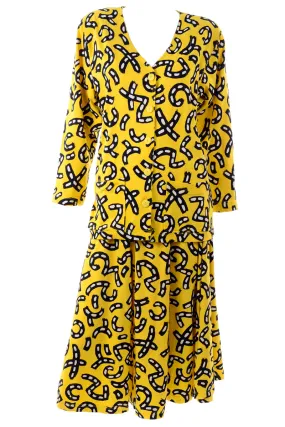 1980s Bright Yellow Skirt & Top Dress w/ Black & White Graphic Road Print