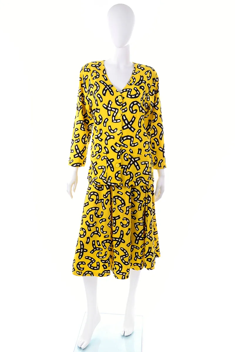 1980s Bright Yellow Skirt & Top Dress w/ Black & White Graphic Road Print