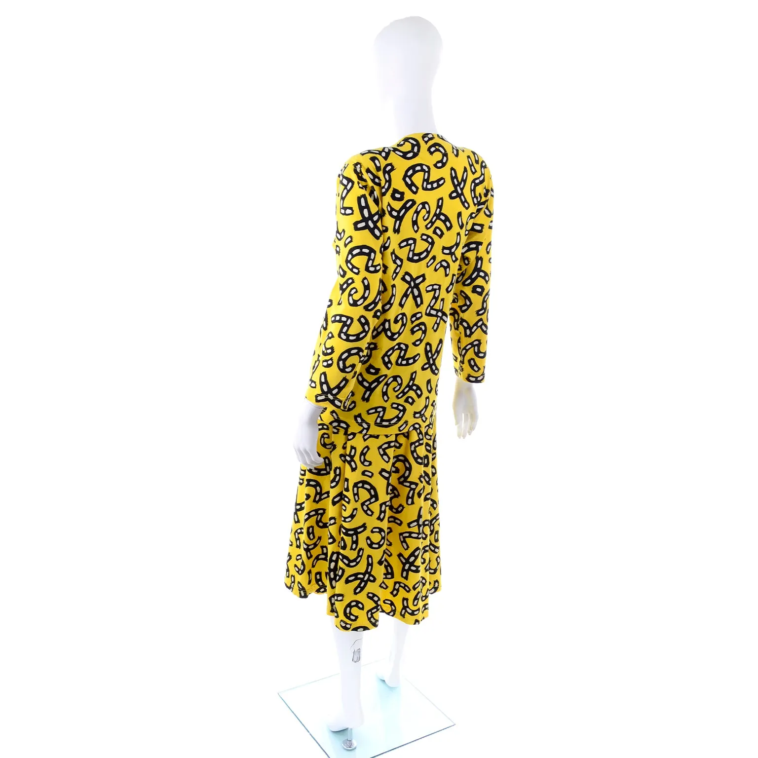 1980s Bright Yellow Skirt & Top Dress w/ Black & White Graphic Road Print