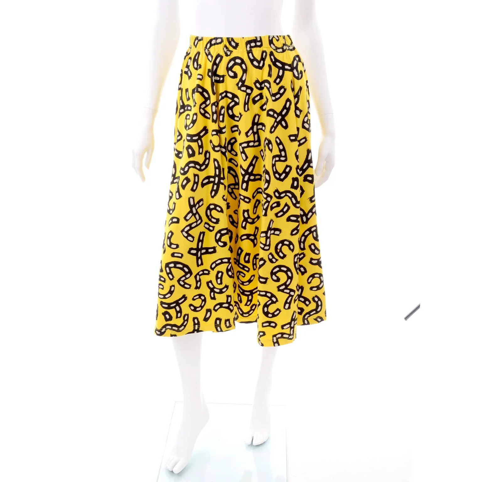 1980s Bright Yellow Skirt & Top Dress w/ Black & White Graphic Road Print