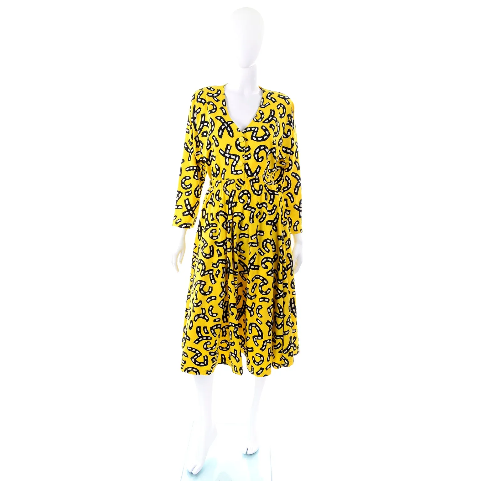 1980s Bright Yellow Skirt & Top Dress w/ Black & White Graphic Road Print