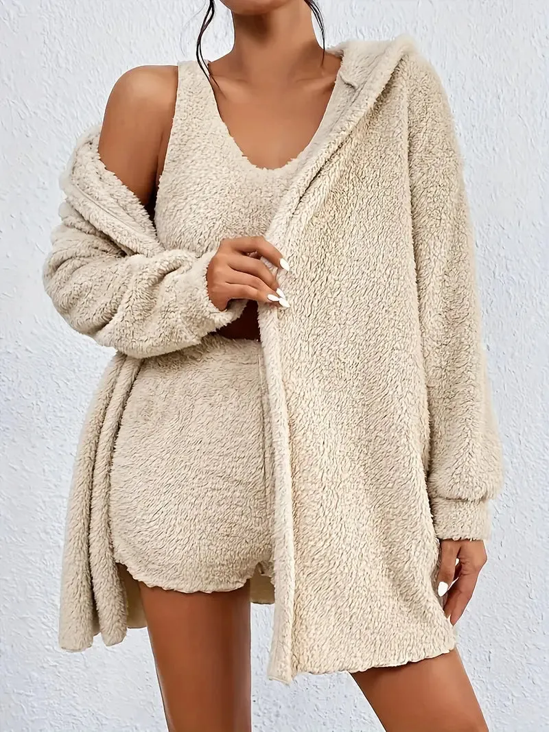 3 Piece Hooded Teddy Coat, Tank Top and Short Lounge Set