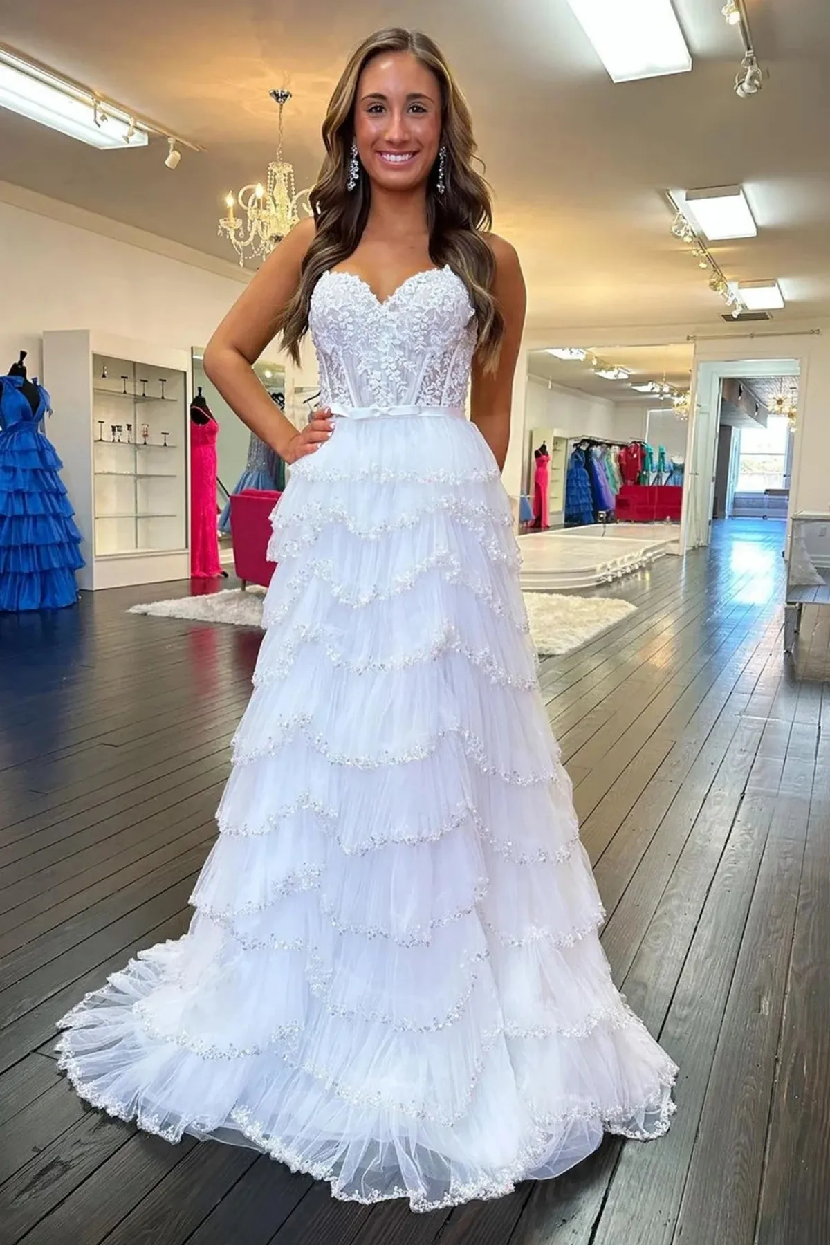 A Line Open Back Layered White Lace Long Prom Dress, White Lace Formal Dress, Long White Evening Dress A2114