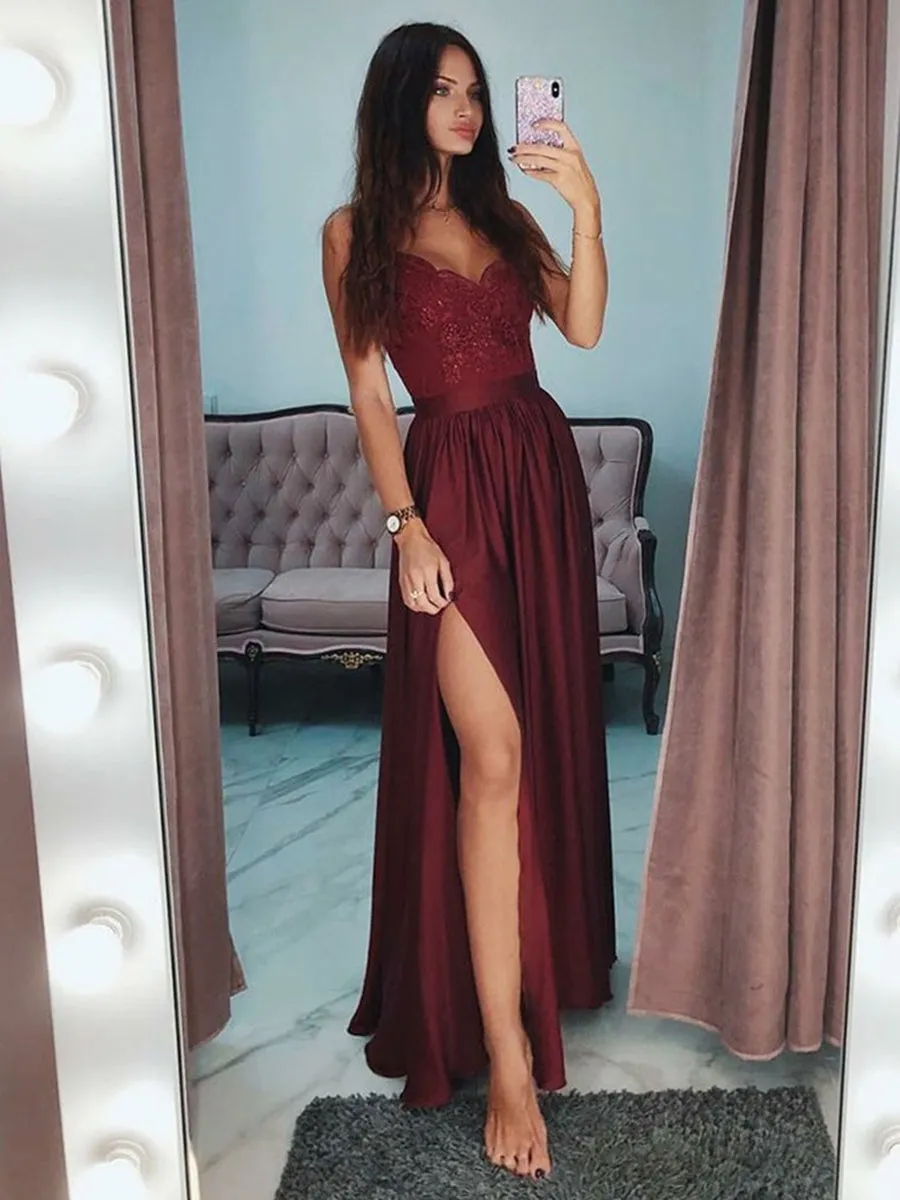 A Line V Neck Burgundy Lace Prom with Side Slit, Burgundy Lace Graduation, Burgundy Lace Formal