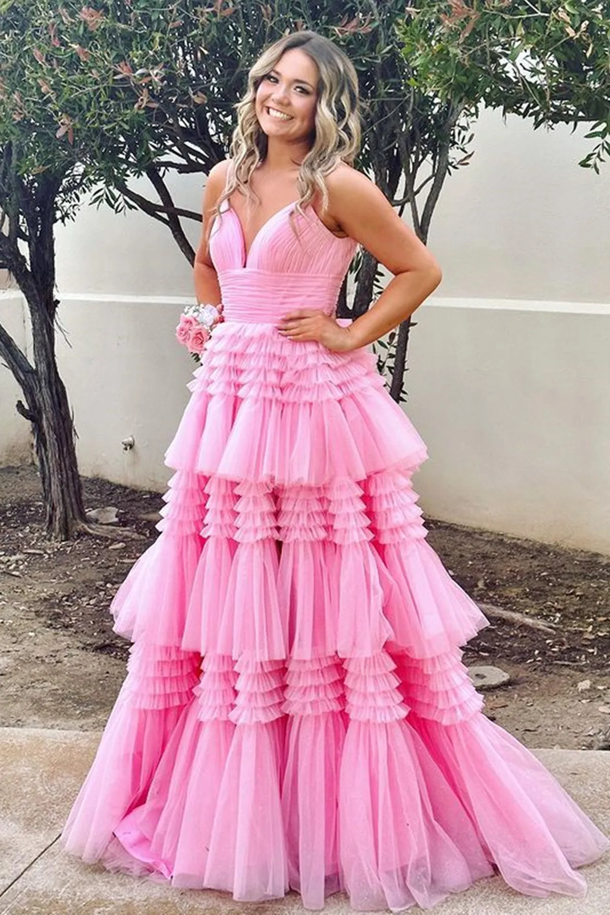 A Line V Neck Layered Pink Prom Dresses Long, V Neck Pink Formal Evening Dresses, Pink Ball Gown A1871