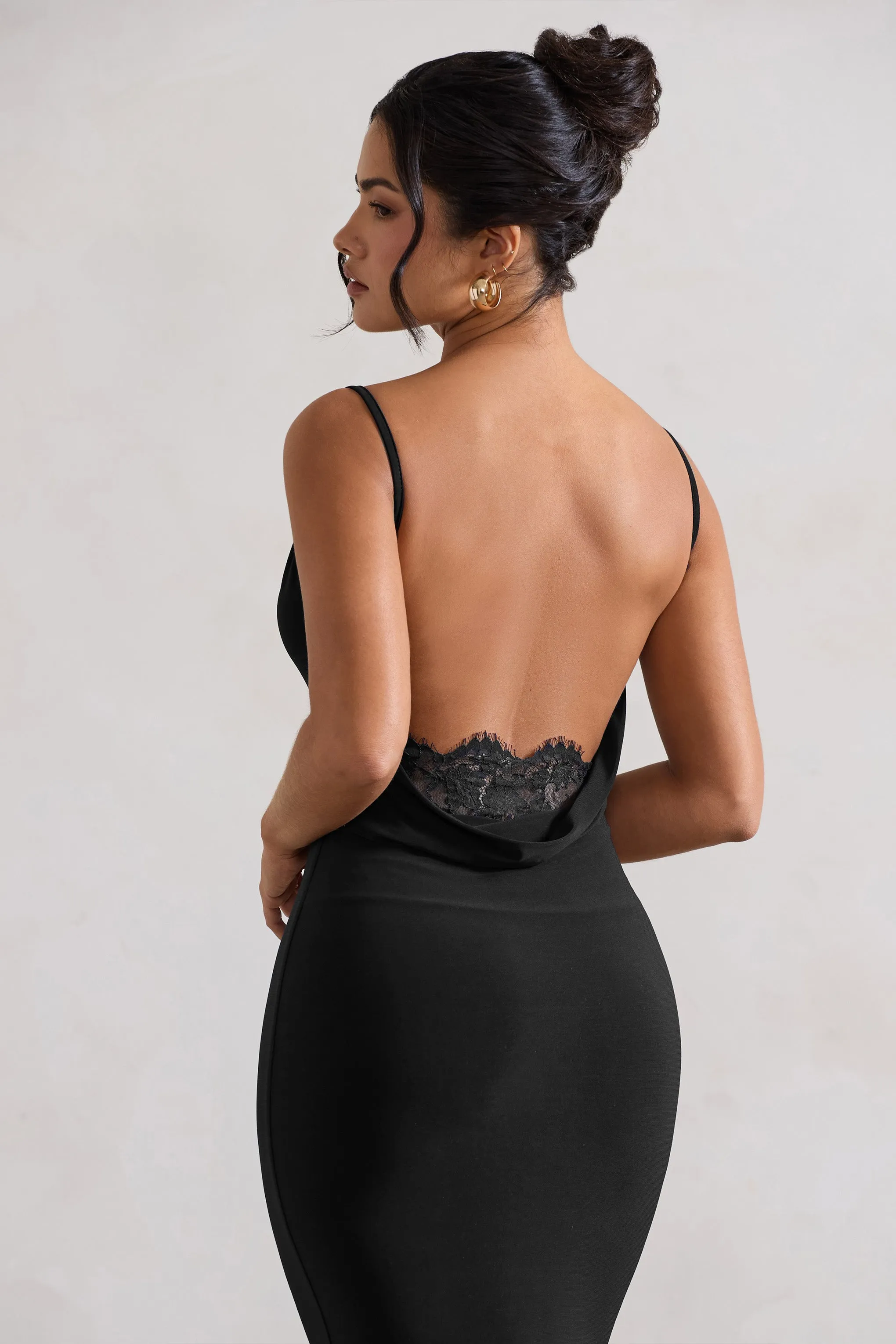 Addison | Black Cowl-Neck Open-Back Midi Dress With Lace