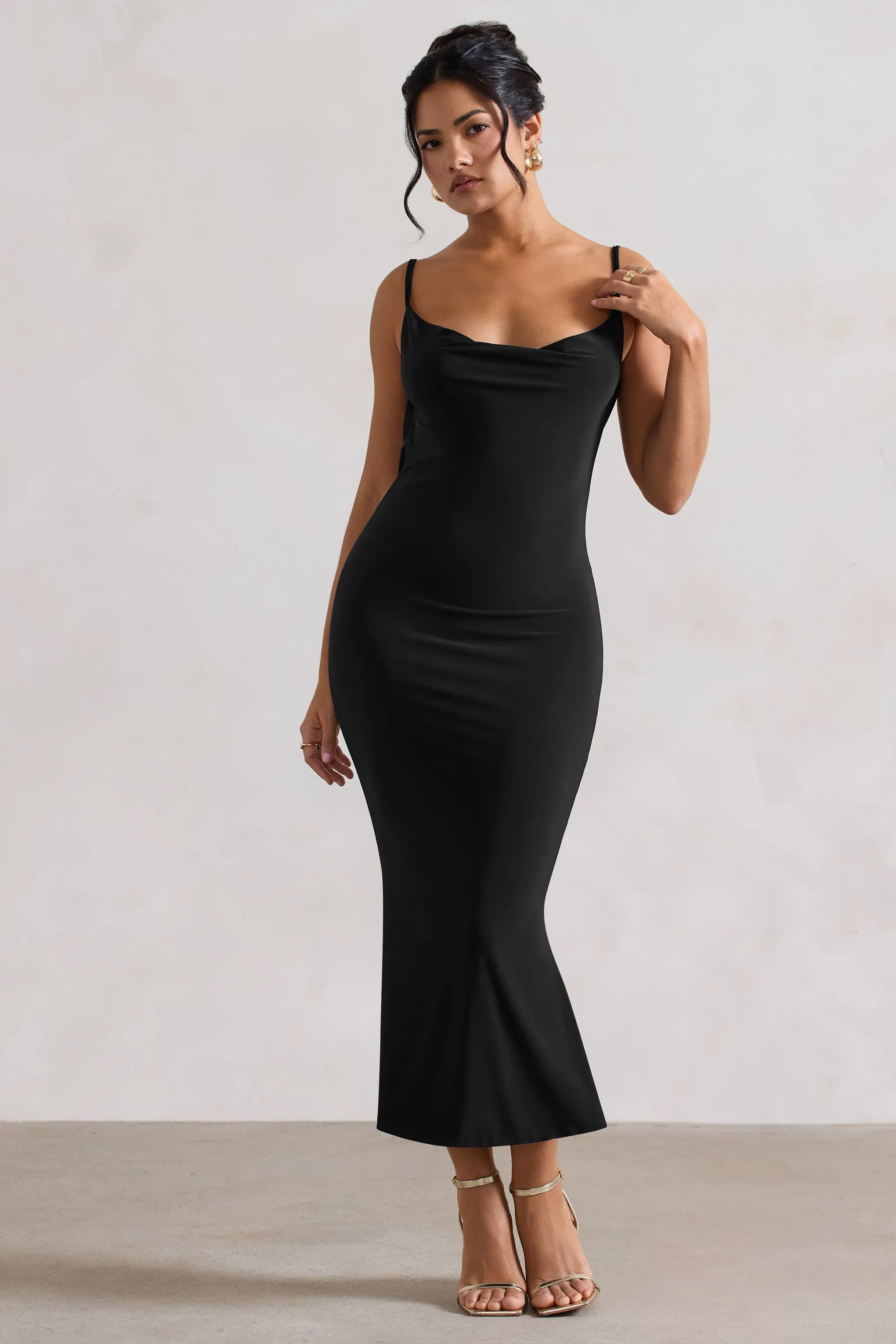 Addison | Black Cowl-Neck Open-Back Midi Dress With Lace