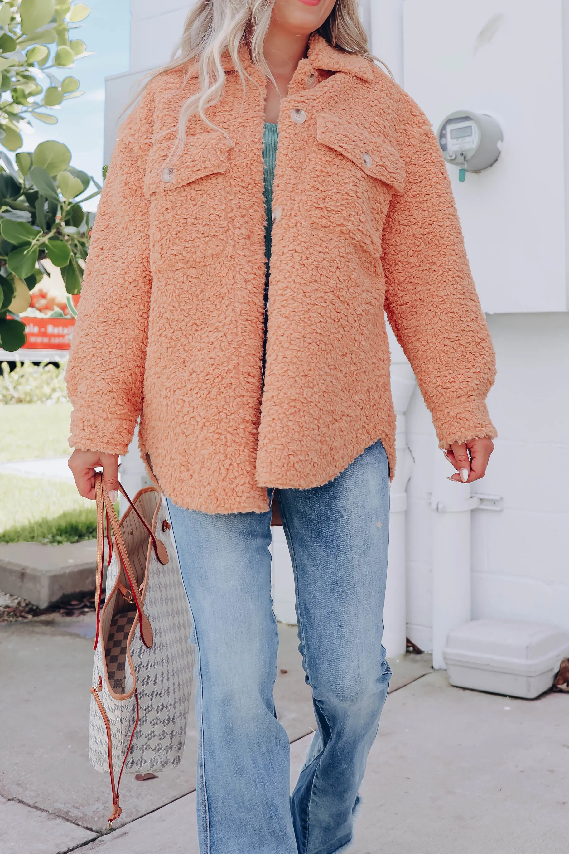 All Bundled Up Sherpa Shacket - Apricot