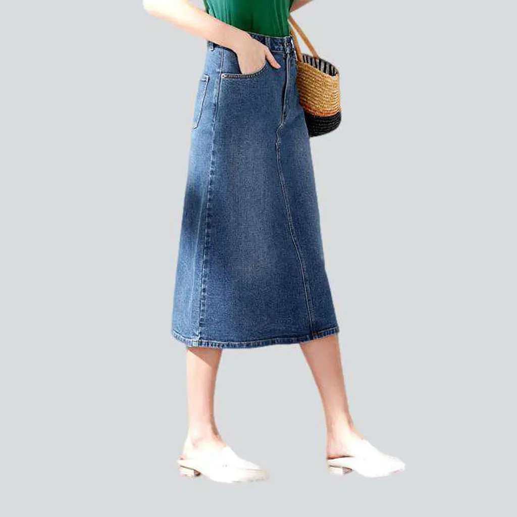 Asymmetric seam midi denim skirt