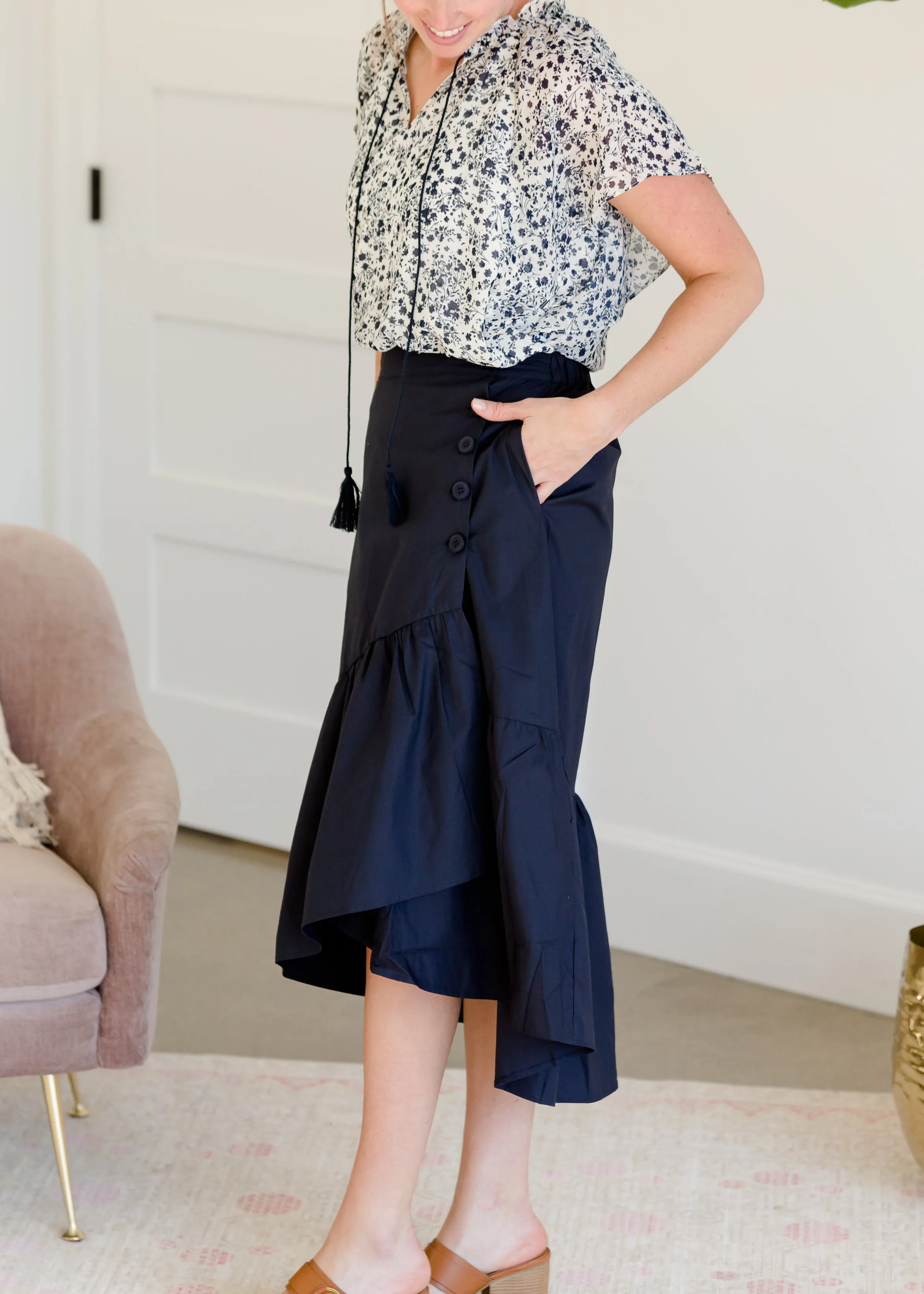 Asymmetrical Button Down Midi Skirt - FINAL SALE