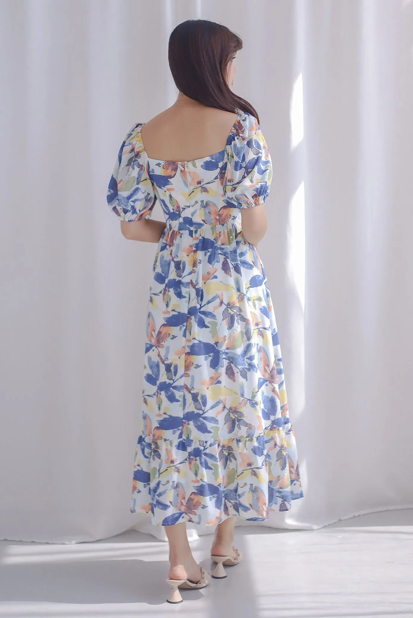 Audel Tropical Puffy Sleeve Faux Wrap Maxi Dress In Blue