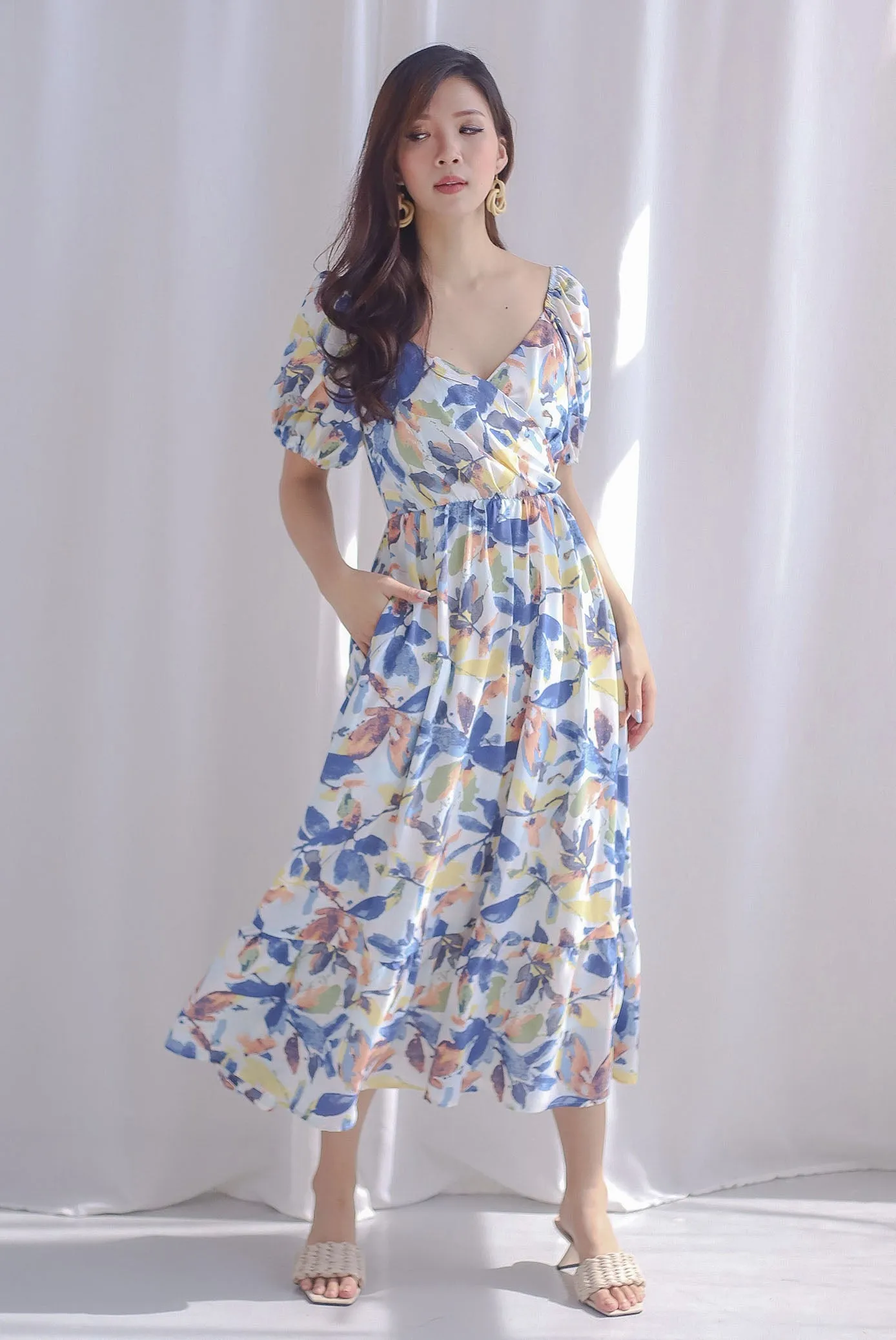 Audel Tropical Puffy Sleeve Faux Wrap Maxi Dress In Blue