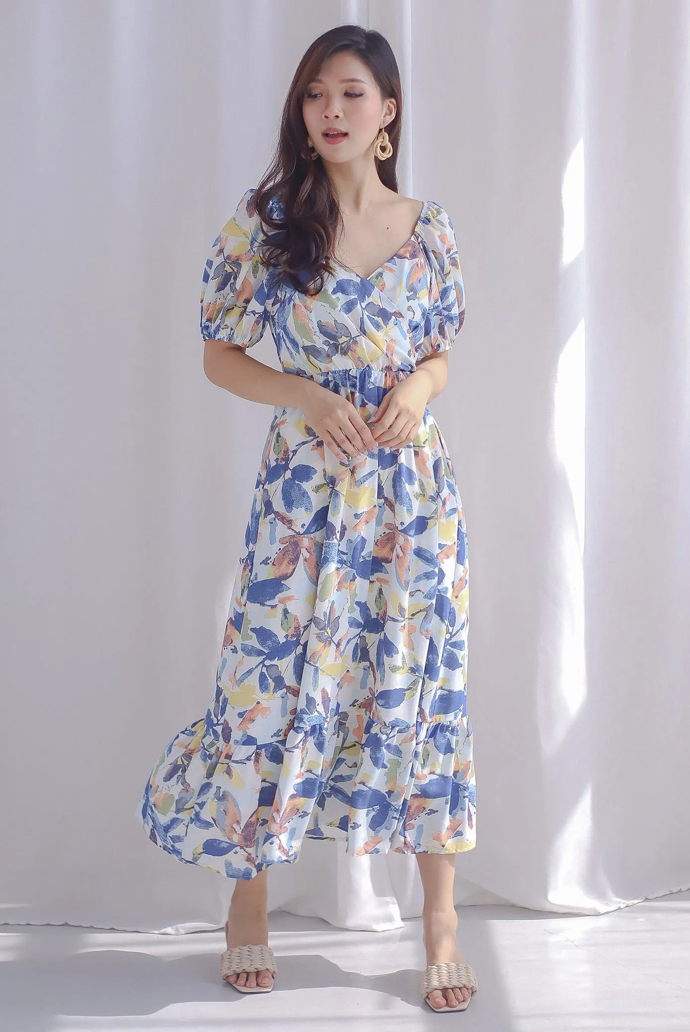 Audel Tropical Puffy Sleeve Faux Wrap Maxi Dress In Blue