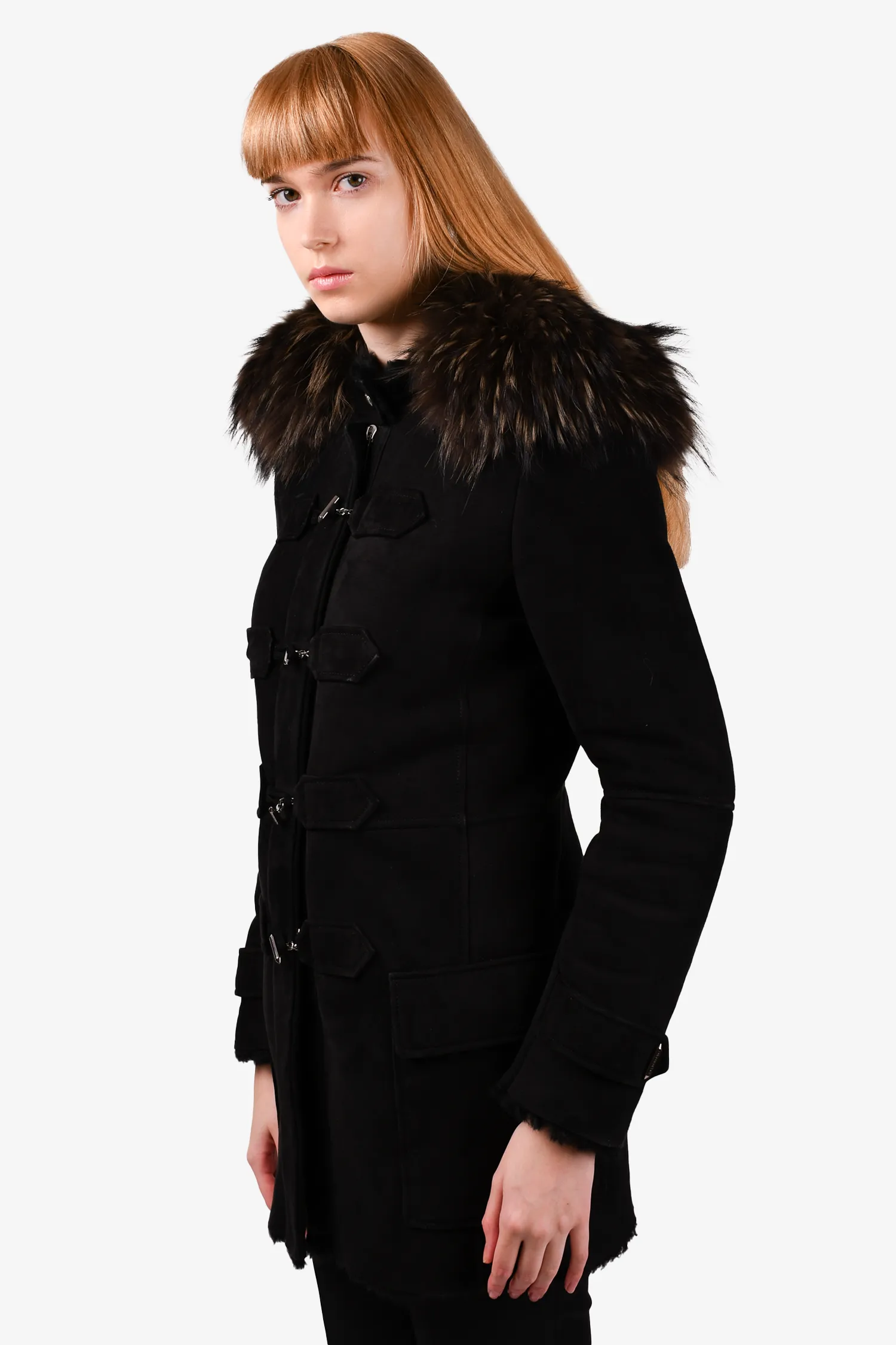 Barbara Bui Black Suede Shearling Lined Peacoat with Fur Collar Size 38