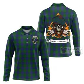 Barclay Tartan Long Sleeve Polo Shirt with Family Crest and Bearded Skull Holding Bottles of Whiskey