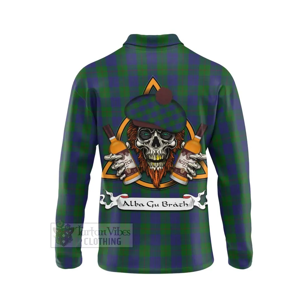 Barclay Tartan Long Sleeve Polo Shirt with Family Crest and Bearded Skull Holding Bottles of Whiskey