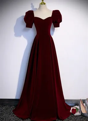 Beautiful Wine Red A-line Velvet Long Party Dress, Wine Red Prom Dress