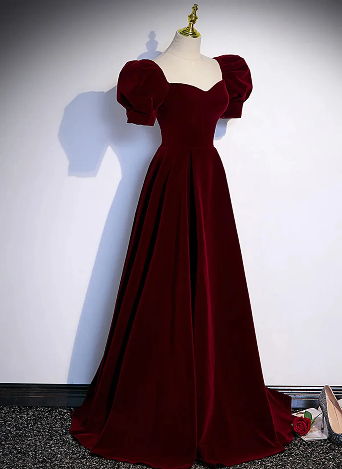 Beautiful Wine Red A-line Velvet Long Party Dress, Wine Red Prom Dress