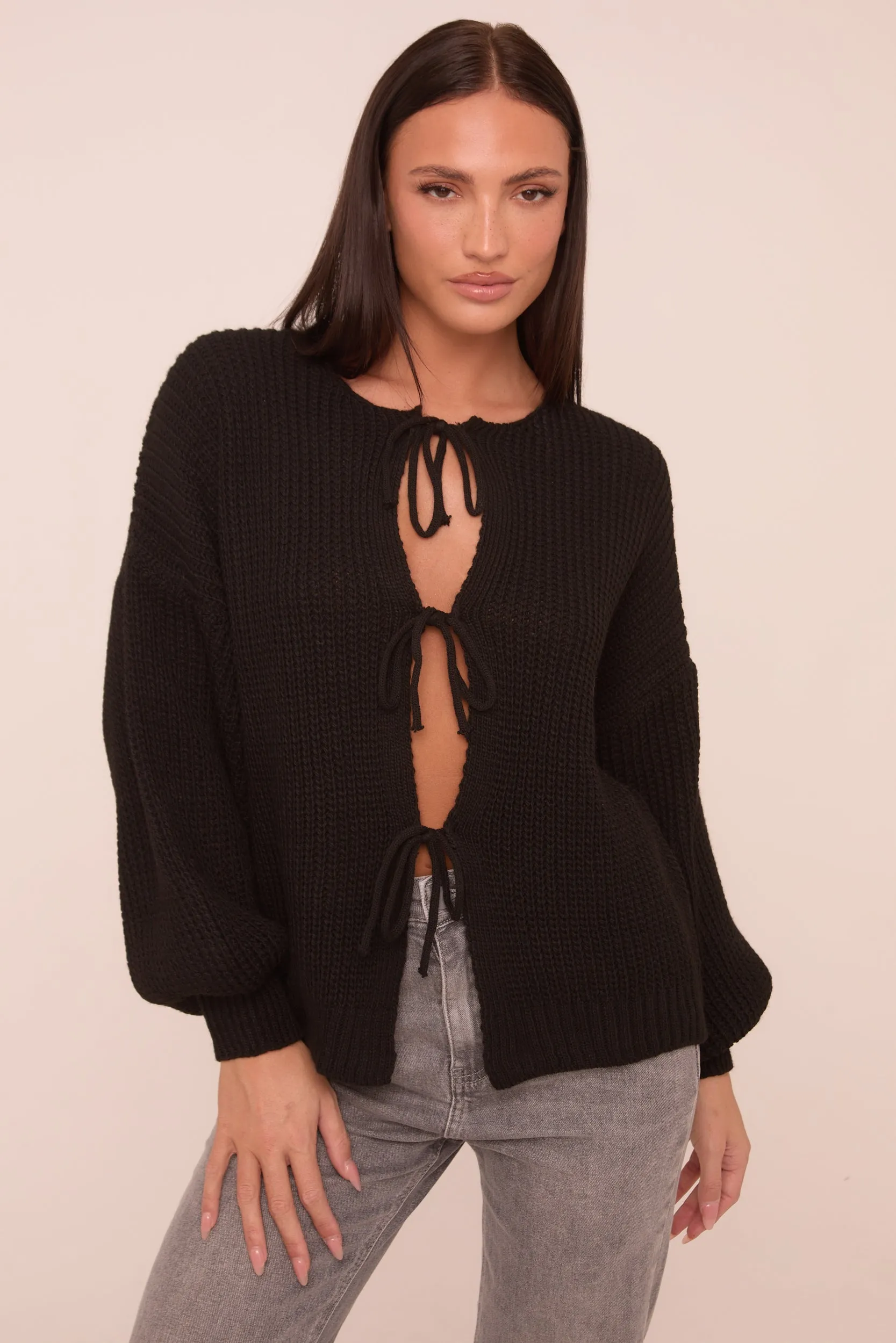 Black Knit Tie Front Detail Long Sleeves Cardigan - Ava