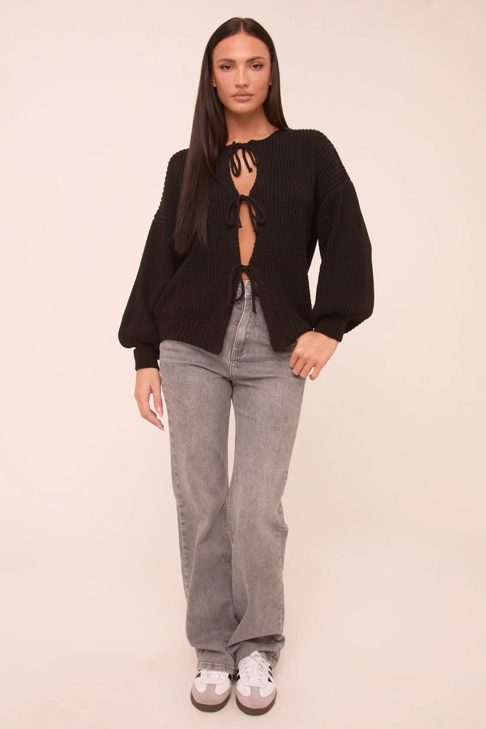 Black Knit Tie Front Detail Long Sleeves Cardigan - Ava