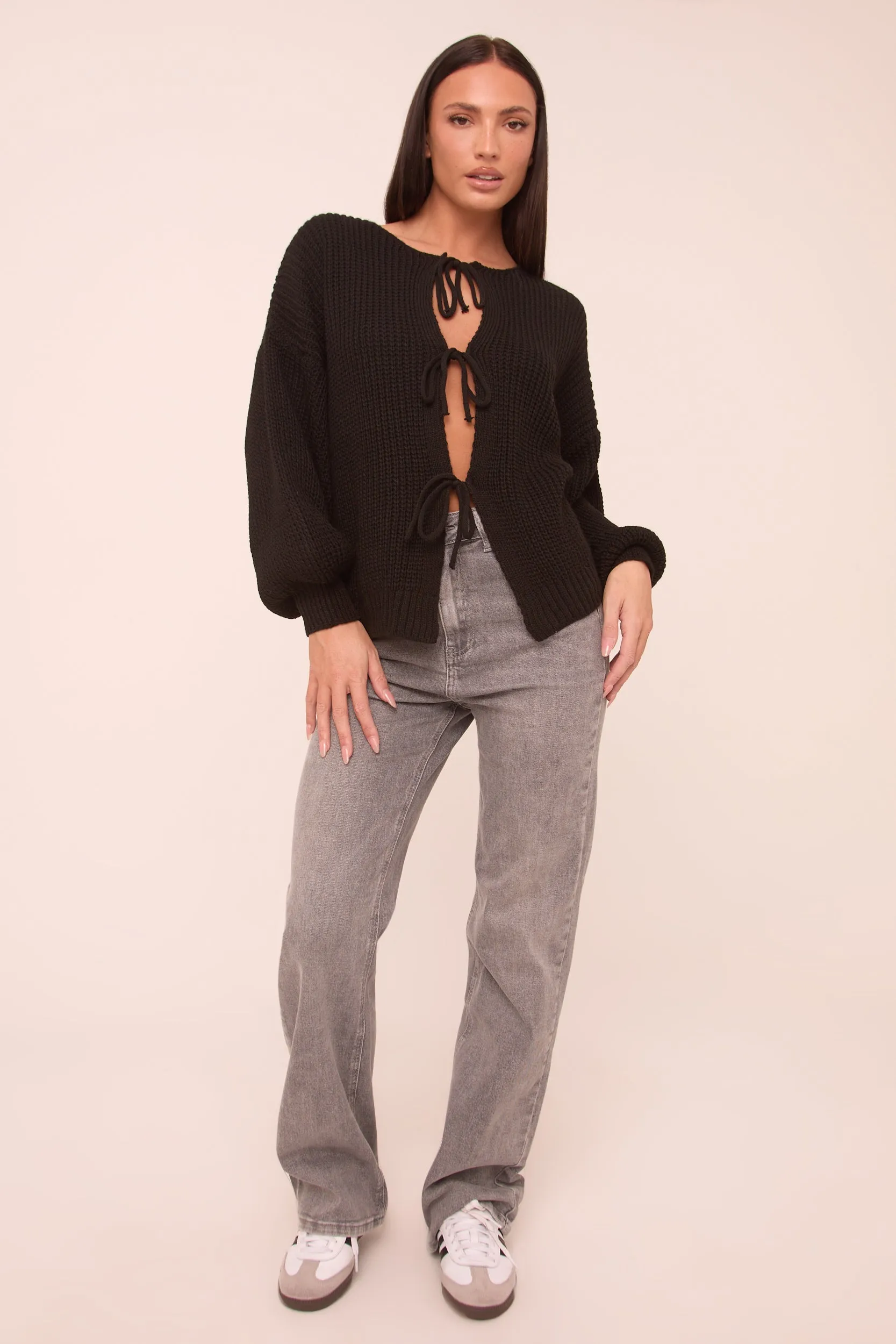 Black Knit Tie Front Detail Long Sleeves Cardigan - Ava