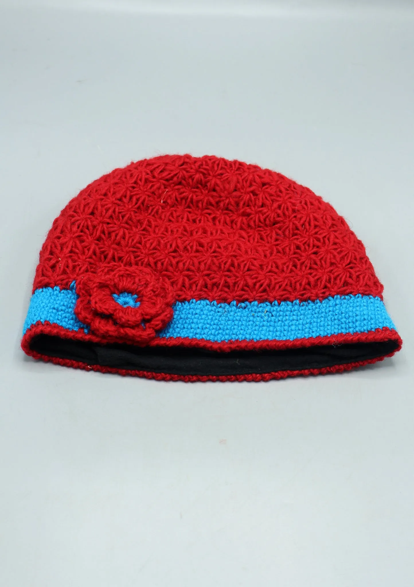 Blue Border Flower Attached Red Warm Crocheted Woolen Beanie