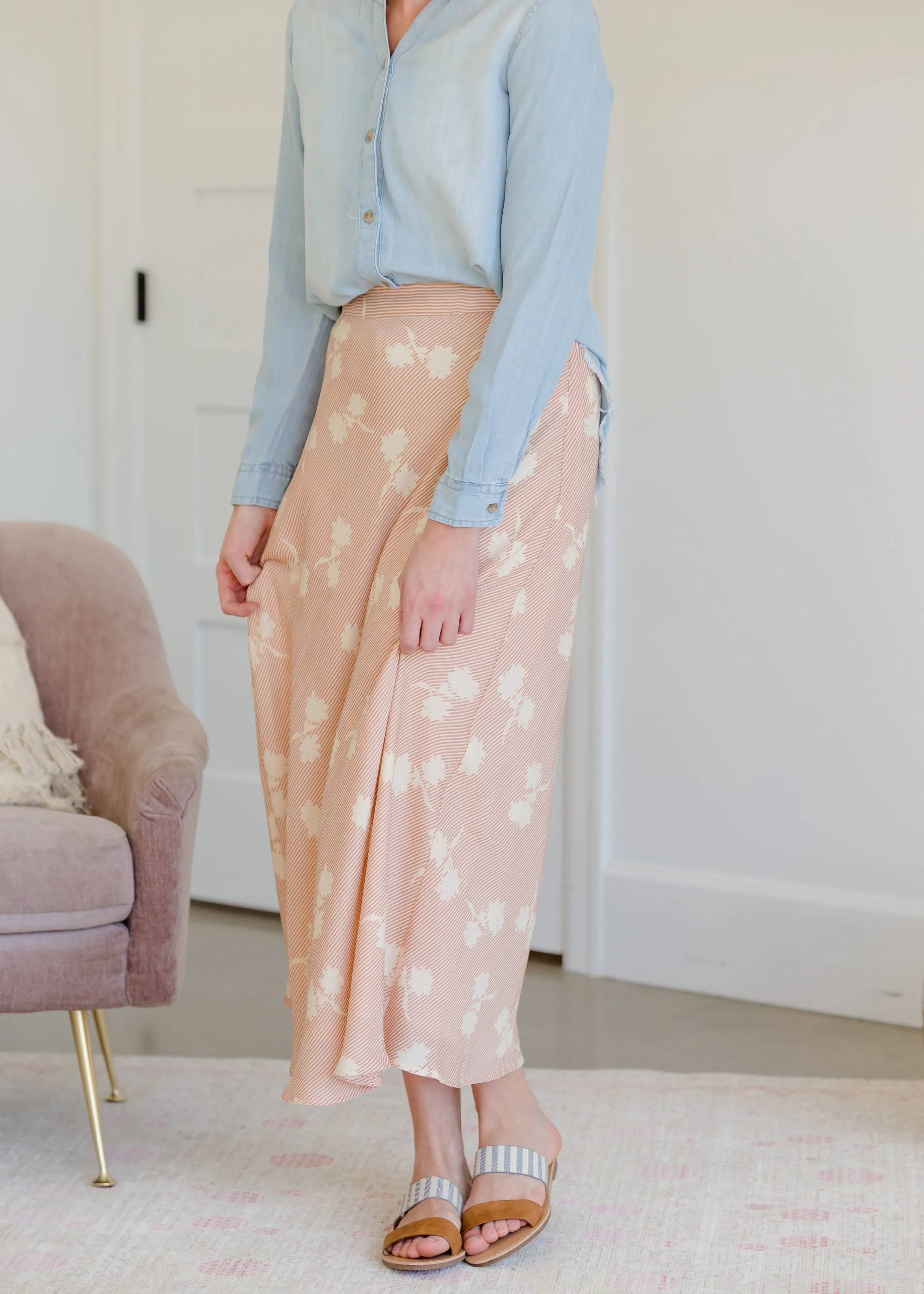 Blush Striped Floral Midi Skirt - FINAL SALE