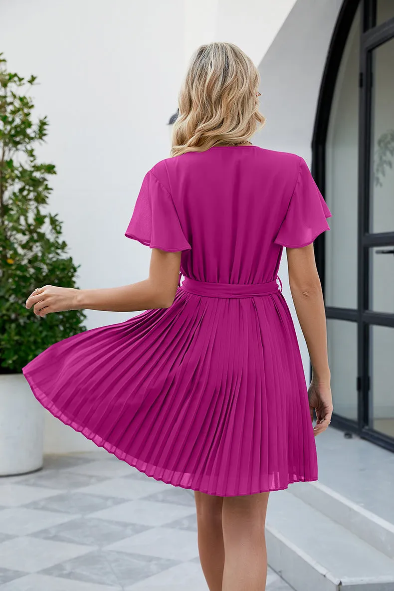 Boho Surplice Neck Tie Waist Flutter Sleeve Pleated Dress