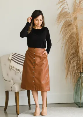 Button Front Faux Leather Midi Skirt - FINAL SALE