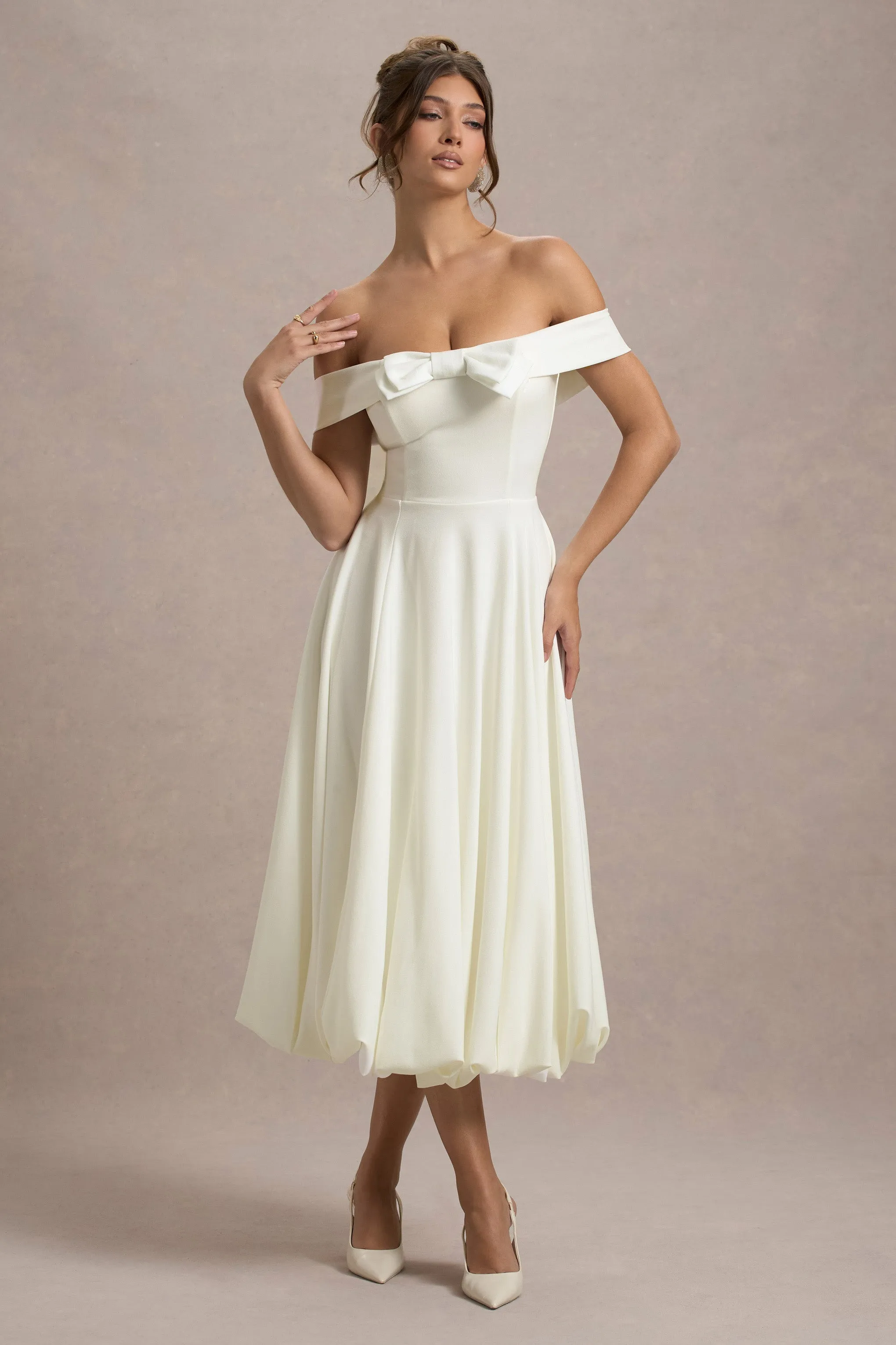 Calliopia | Cream Bow Bardot Midi Dress With Puff-Ball Skirt