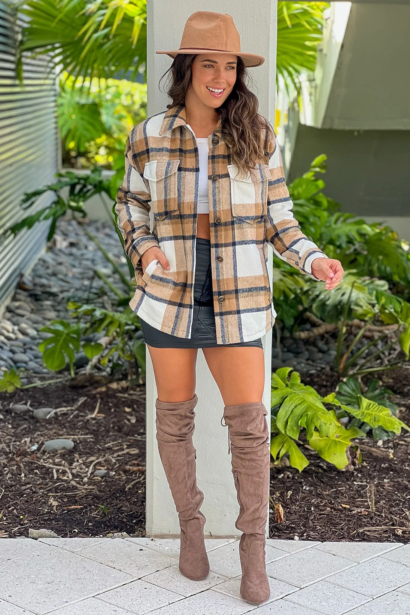 Camel Plaid Button Up Shacket