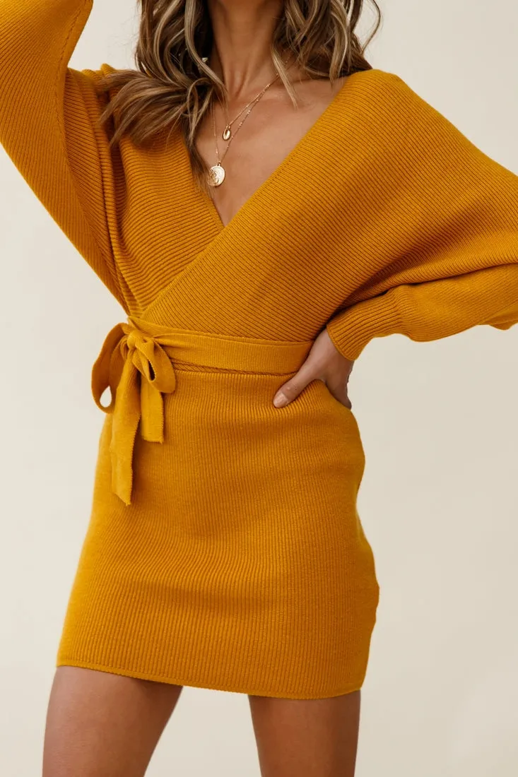 Cameo Batwing Knit Dress Mustard