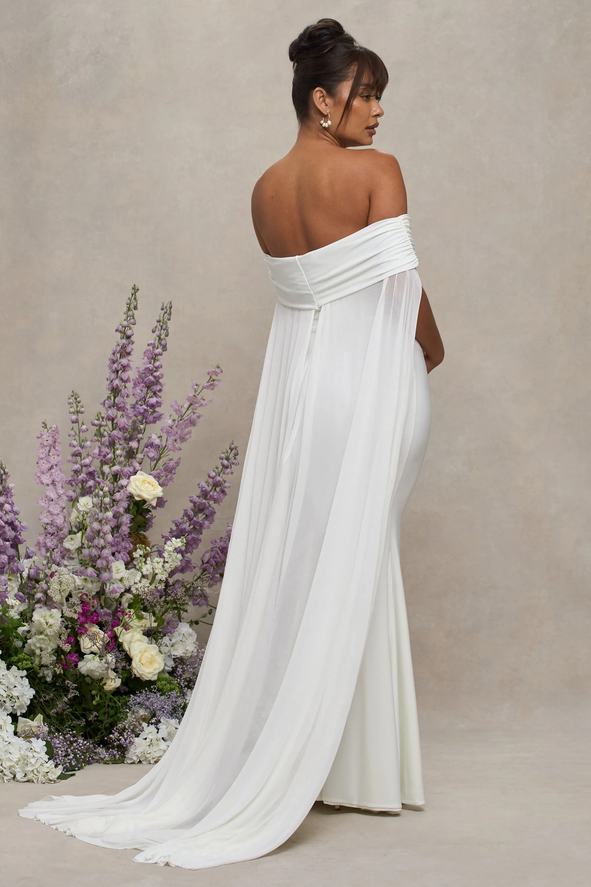 Carlotta | White Bardot Maternity Maxi Dress With Chiffon Cape