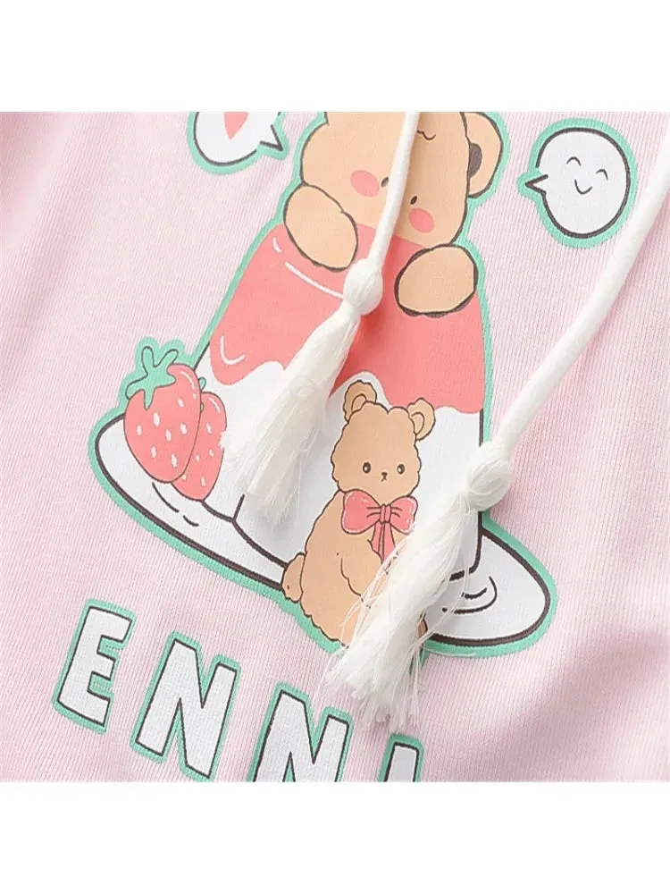 Cartoon Bear Print Cotton Hoodies Women 2024 Spring Flare Sleeve Drawstring Hooded Sweatshirt Sweet Style Female Kawaii Tops