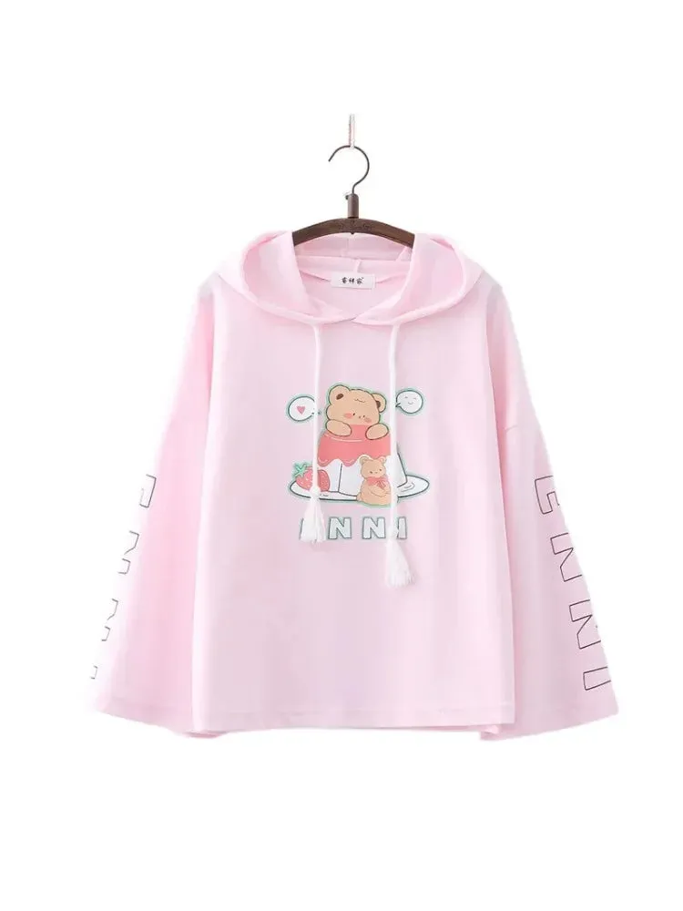 Cartoon Bear Print Cotton Hoodies Women 2024 Spring Flare Sleeve Drawstring Hooded Sweatshirt Sweet Style Female Kawaii Tops