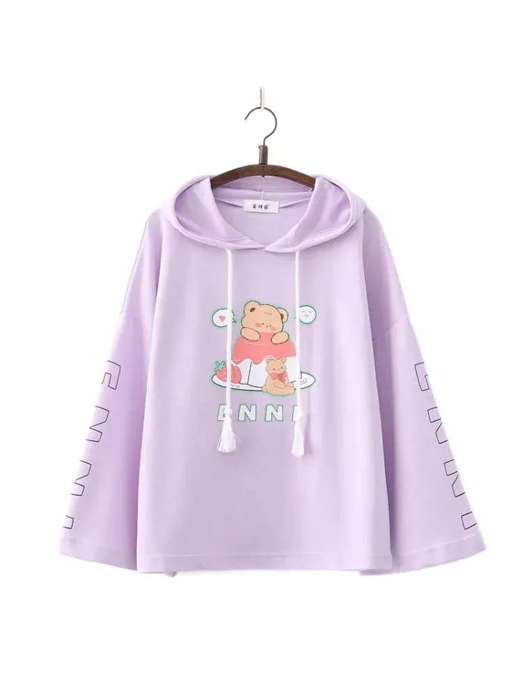 Cartoon Bear Print Cotton Hoodies Women 2024 Spring Flare Sleeve Drawstring Hooded Sweatshirt Sweet Style Female Kawaii Tops