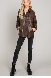 Chocolate Soft Pleather Button Front Shacket