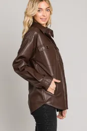 Chocolate Soft Pleather Button Front Shacket