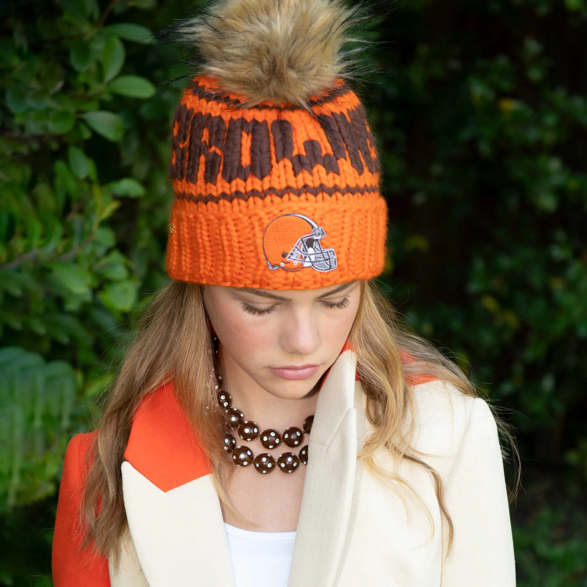 CLEVELAND BROWNS LELE SADOUGHI X NFL ORANGE BEANIE FAUX FUR POM