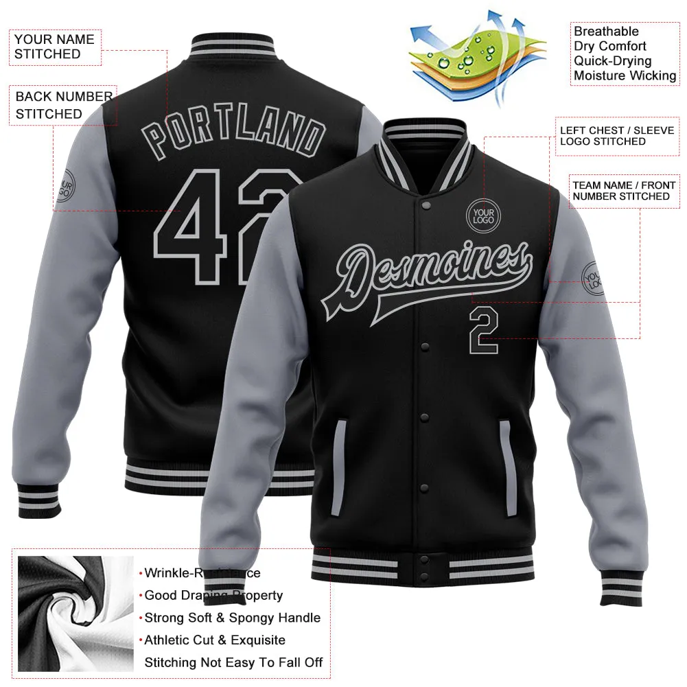 Custom Black Gray Bomber Full-Snap Varsity Letterman Two Tone Jacket