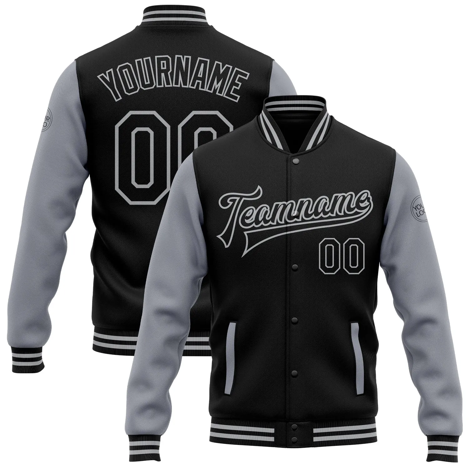 Custom Black Gray Bomber Full-Snap Varsity Letterman Two Tone Jacket