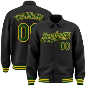 Custom Black Green-Gold Bomber Full-Snap Varsity Letterman Lapel Collar Byron Jacket