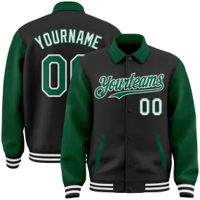 Custom Black Kelly Green-White Bomber Full-Snap Varsity Letterman Two Tone Lapel Collar Byron Jacket