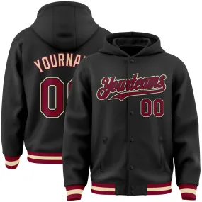 Custom Black Maroon-Cream Bomber Full-Snap Varsity Letterman Hoodie Jacket