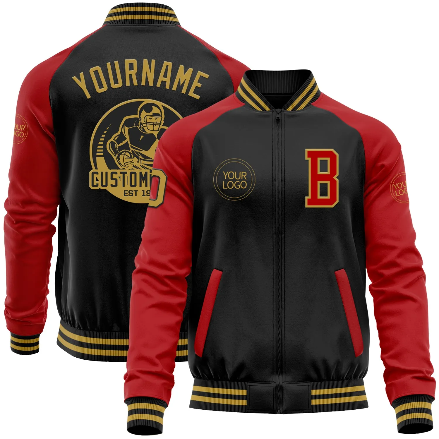 Custom Black Old Gold-Red Bomber Varsity Letterman Two Tone Zipper Jacket